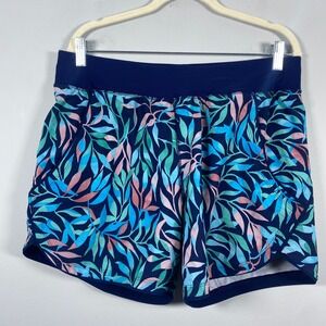 Lands' End Swim Shorts Womens 12 Navy Blue Tropical Leaf Print Board Shorts 5in